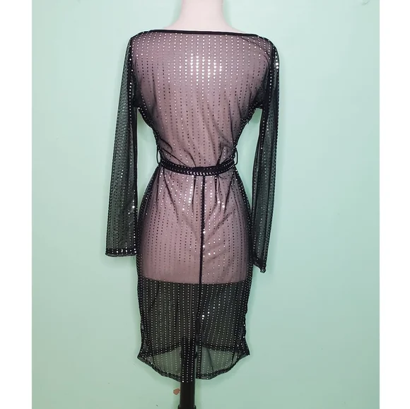 Sheer Black and Silver Metallic Faux Wrap Dress - Picture 5 of 10
